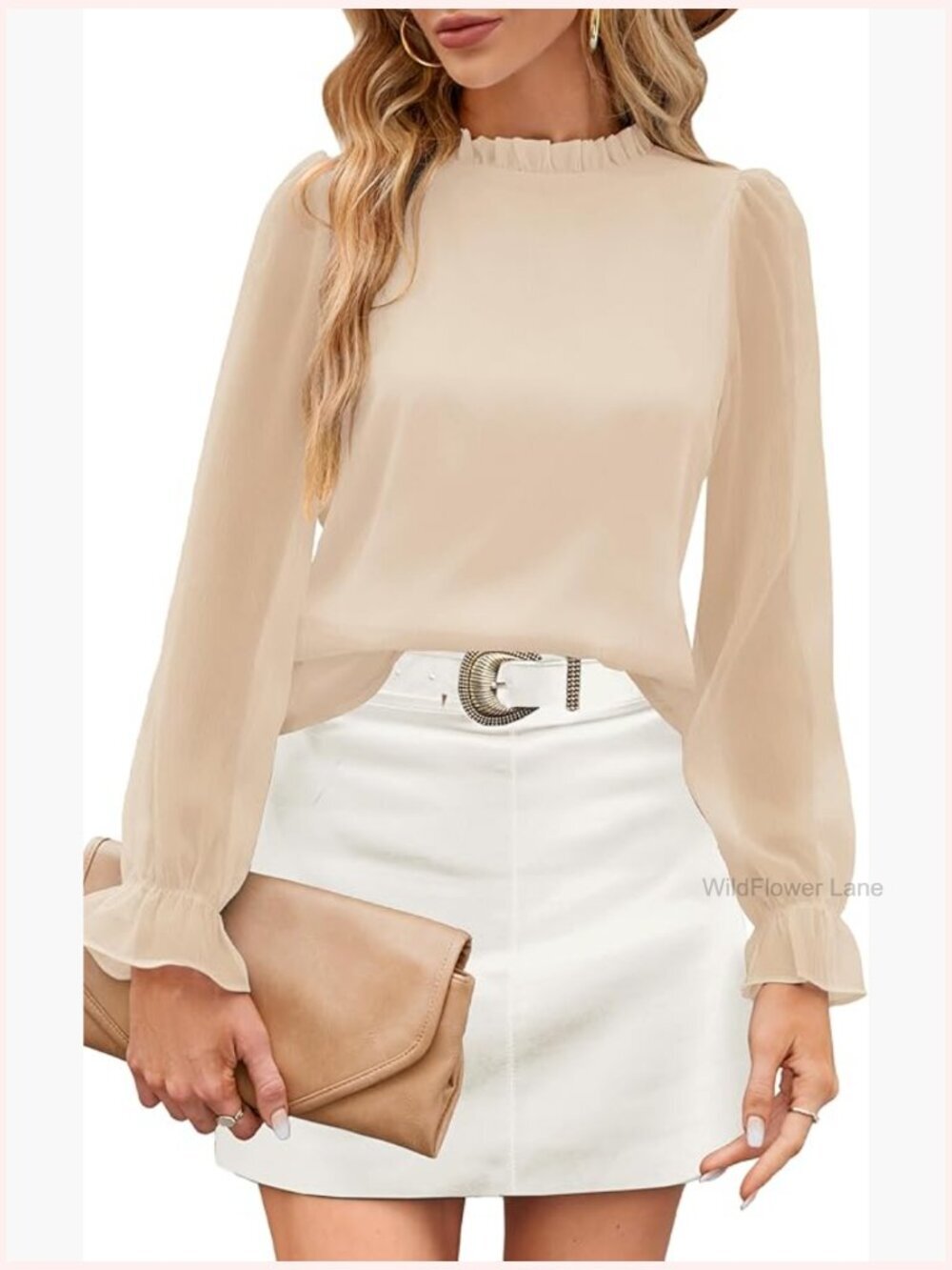 Mock Neck Puff Long Sleeve Blouse Dressy Casual Chiffon Top Women